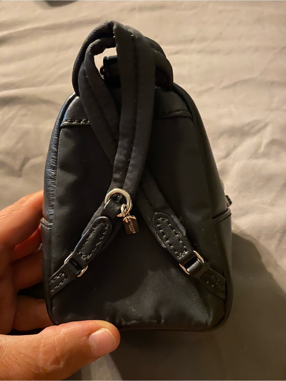 Coach Dark Brown Pebbled Leather Mini Backpack Charm with Teal and Orange Cherry - Picture 2 of 6